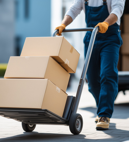 Delivery Person in Blue Overalls Moving Cardboard Boxes on a Hand Truck from a Van. Concept for e-commerce logistics, last-mile delivery services, and professional shipping and handling.