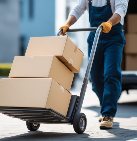 Delivery Person in Blue Overalls Moving Cardboard Boxes on a Hand Truck from a Van. Concept for e-commerce logistics, last-mile delivery services, and professional shipping and handling.